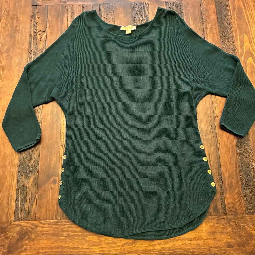 Michael Kors Green Knit 3/4 Sleeve Sweater Gold Accent Size 1X Plus Classic Chic